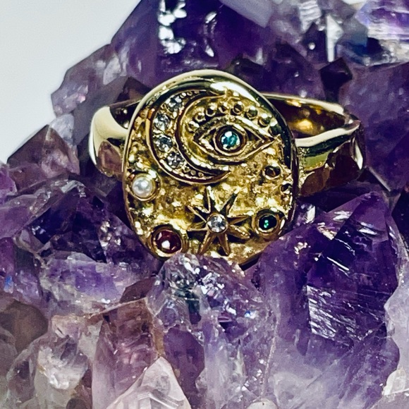 2/$20 ✨ 18k Gold Gemstone Celestial Ring Sz 7 & 8 Moon Star Anthropologie Style - Picture 5 of 13